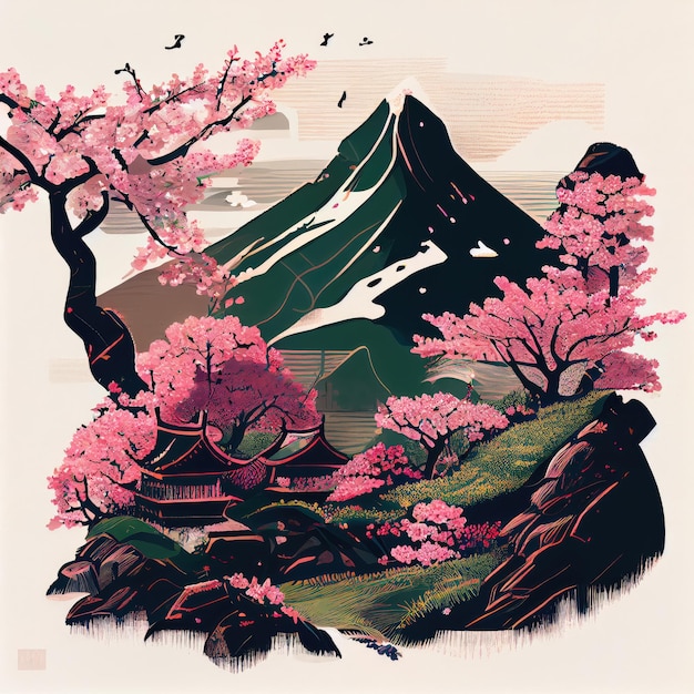 Illustrating spring in Japan sakura cherry blossom nestled in mountain landscape Blooming tree and snowcapped peaks in spring