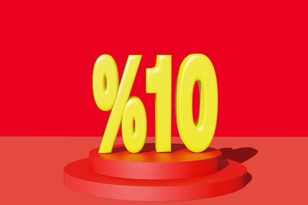 Illustration of 10 percent discount in 3D illustration yellow color with red background and copy space