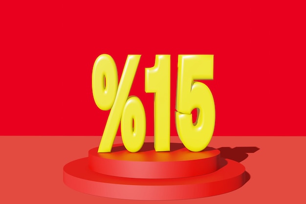 Illustration of 15 percent discount in 3D illustration yellow color with red background and copy space