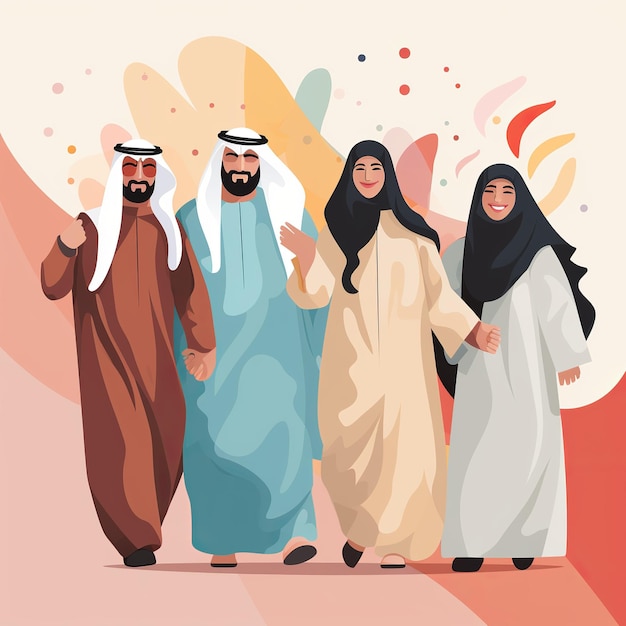 illustration of 2 arab men and 2 arab woman celebrating flat design