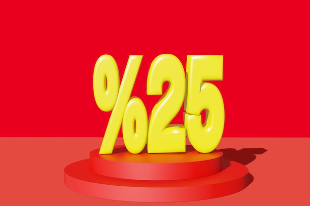 Illustration of 25 percent discount in 3D illustration yellow color with red background and copy space