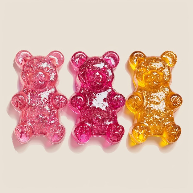 Photo illustration 3 different colors of glamorous pink gummy bears with vibrant sparkling surfaces spar