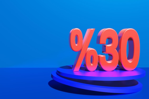 Illustration of 30 percent discount in 3D illustration red color with blue background and copy space