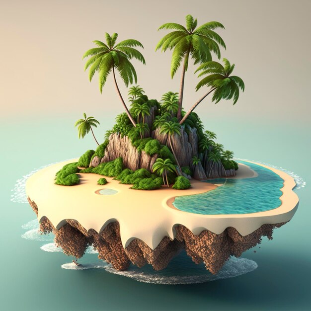 Photo illustration 3d island coconut tree full hd