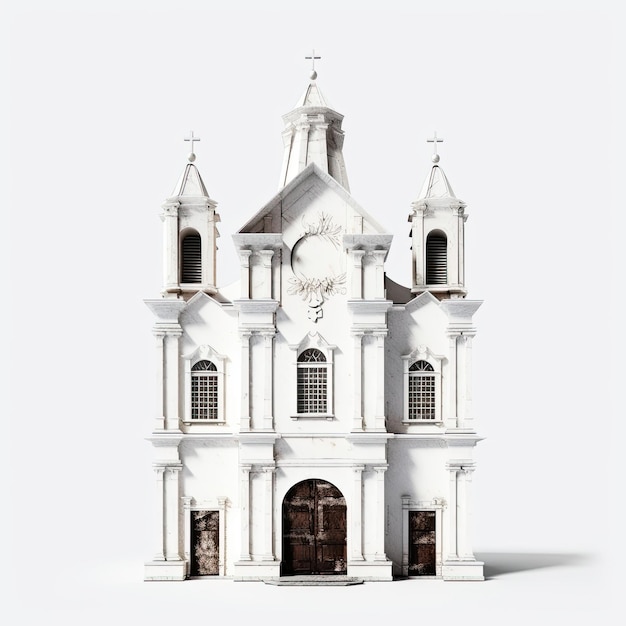 Illustration of a 3D model of an old white church with handpainted details on a white background Generative AI