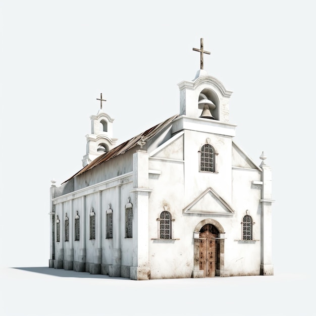 Illustration of a 3D model of an old white church with handpainted details on a white background Generative AI