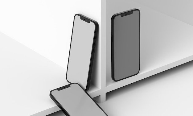 Illustration 3d render of isometric rectangles simulating a telephone in a 3d space with blank space