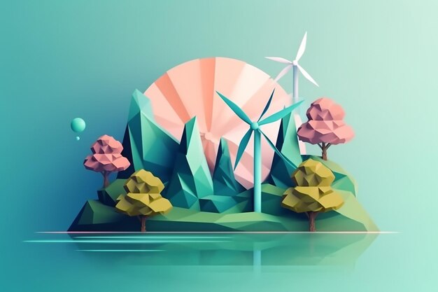 Illustration 3D render Low Poly Art Sustainable Development and EnvironmentxA