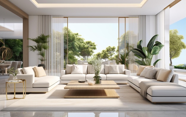 Illustration 3d rendering large luxury modern bright interiors living room mockup computer digitally