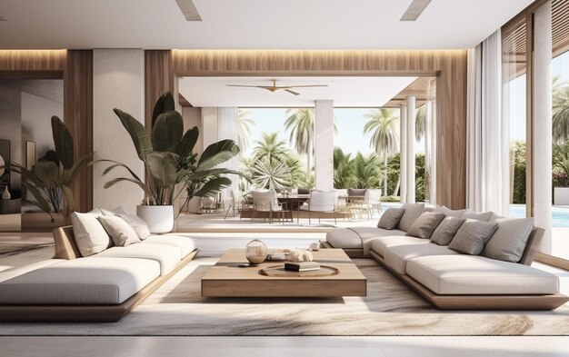 Illustration 3d rendering large luxury modern bright interiors living room mockup computer digitally