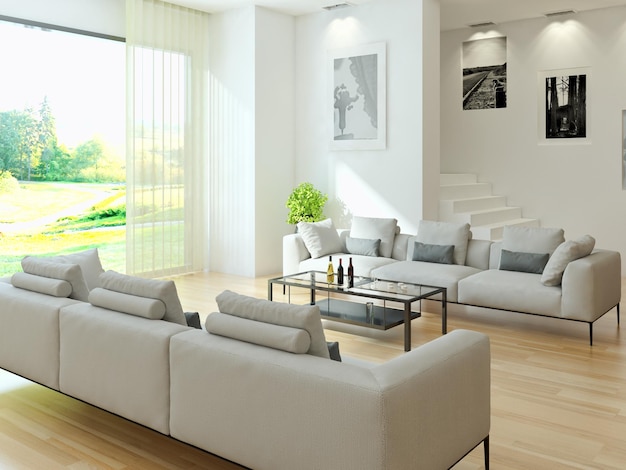 Illustration 3D rendering large luxury modern bright interiors Living room mockup computer digitally