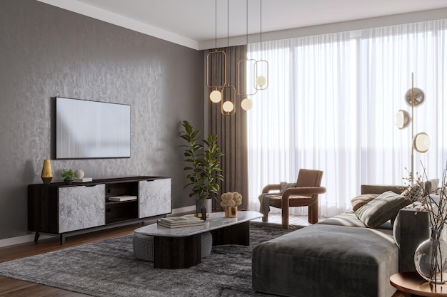 Illustration 3D rendering large luxury modern bright interiors room mockup computer generated image