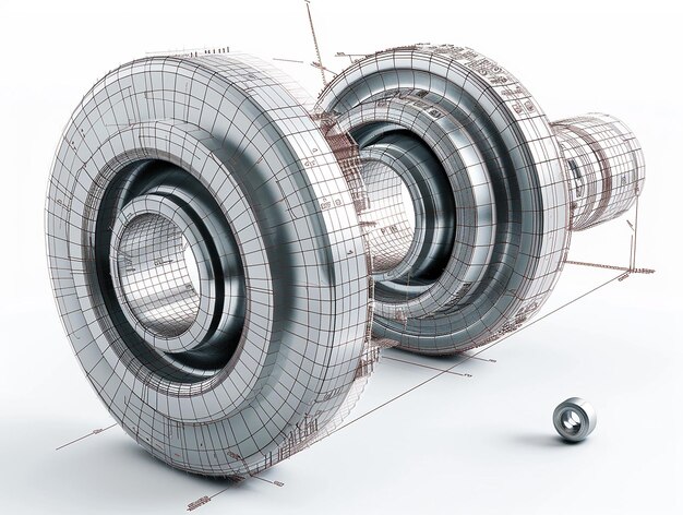 Photo illustration in 3d showing ball bearing diameter against a flat color background