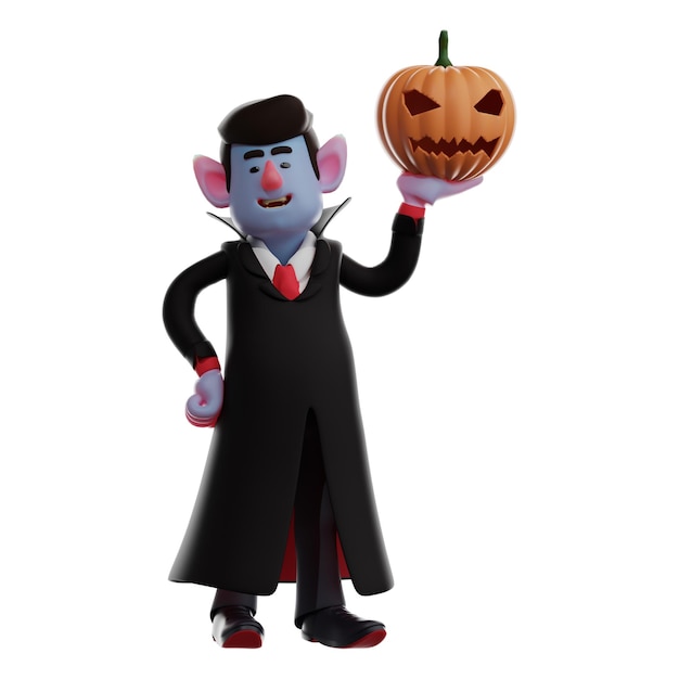 Photo illustration 3d smart vampire dracula 3d character cartoon design with a pumpkin in his hand with