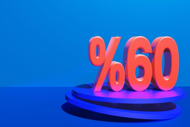 Illustration of 60 percent discount in 3D illustration red color with blue background and copy space