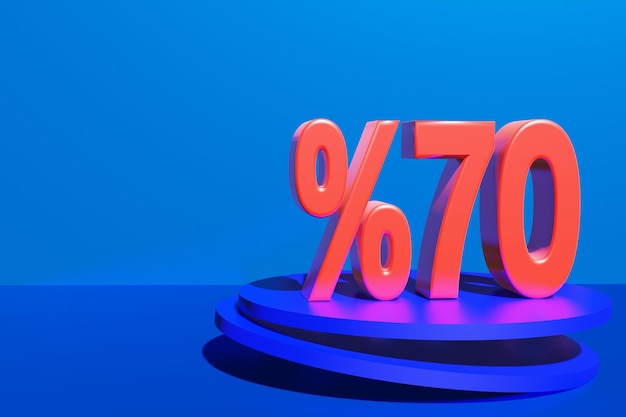 Illustration of 70 percent discount in 3D illustration red color with blue background and copy space