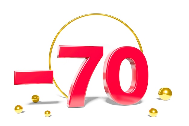 Illustration of 70 percent discount in 3D illustration red color with white background and copy space