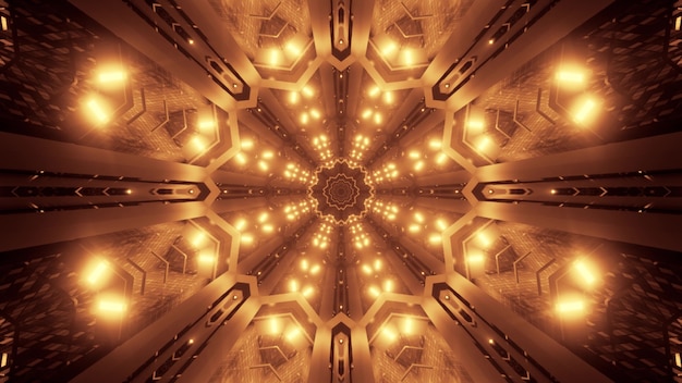 Illustration of abstract background of bright geometric corridor illuminated by glowing sepia light