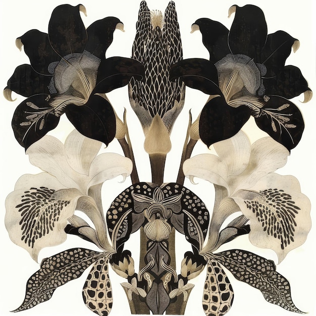 Photo illustration of an abstract background with iris flowers in black and white