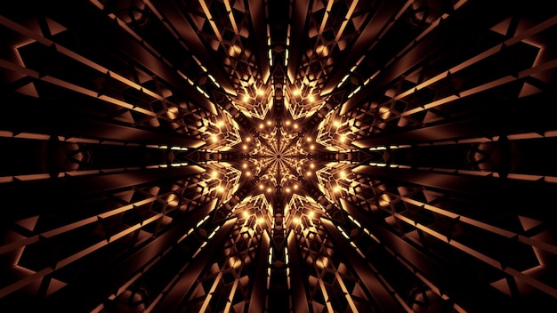 Illustration of abstract crystals forming kaleidoscopic ornament glowing with neon golden light