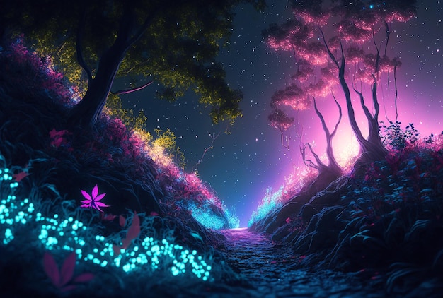 Illustration of abstract fantasy landscape with crystals and glowing path in forest Generative AI