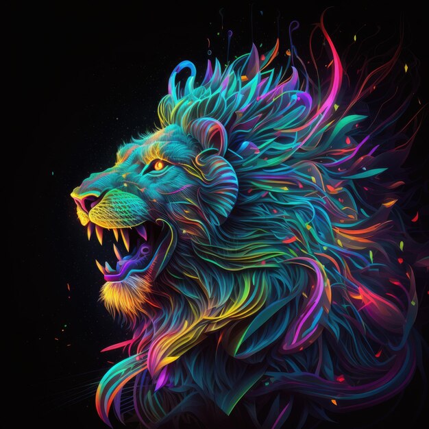 an illustration abstract lion with intricate details and neoncolored patterns set against a dark abstract background