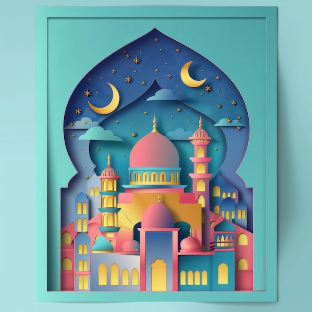 Photo illustration of abstract paper cut mosque crescent window and street for greeting card background happy ramadan kareem