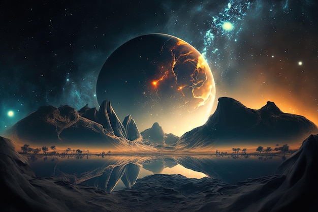 Illustration of an abstract planet in a strange landscape