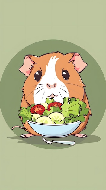 Illustration of an adorable guinea pig eating salad with keywords like cute pet healthy lettuce and