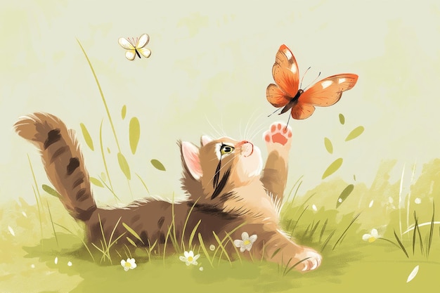 Illustration of an adorable kitten reaching out to a butterfly in a playful outdoor setting