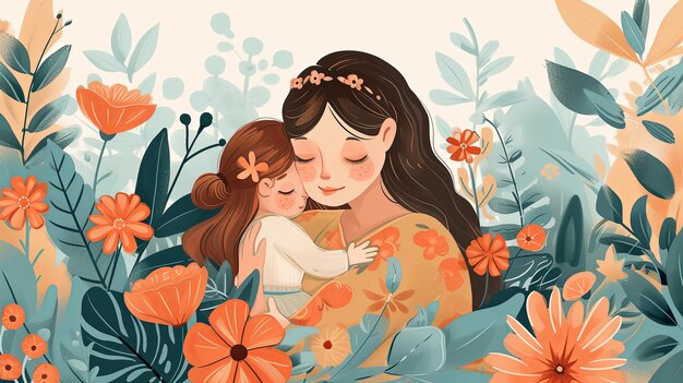 Illustration of adorable mother hug daughter Sweet banner