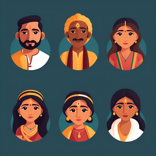 Illustration AI generation a set of Indian human icons cartoon portraits of male and female