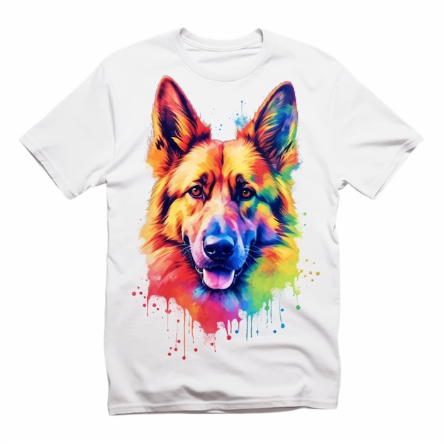 Illustration AI generation white tshirt with colorful rainbow dog head german shepherd tshirt