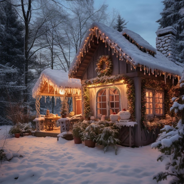 Illustration AI generation Wooden cottage decorated with Christmas lights