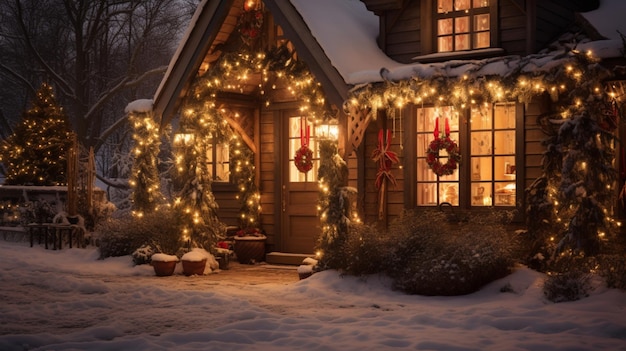 Illustration AI generation Wooden cottage decorated with Christmas lights