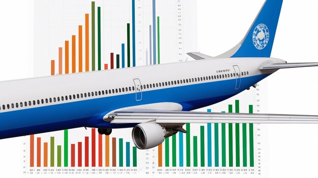 Photo illustration of an airplane with a graph of statistics