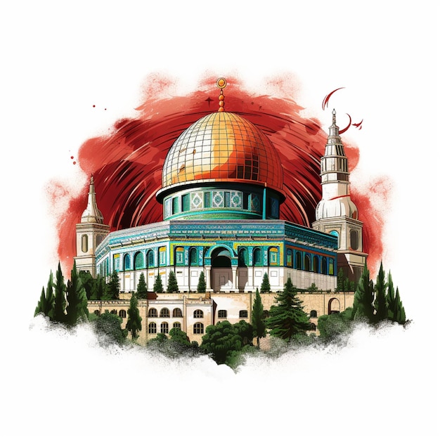 Illustration of the AlAqsa mosque isolated with the Palestinian flag on a white background