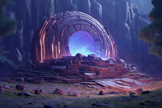 Illustration of an alien planet with a tunnel and neon lights