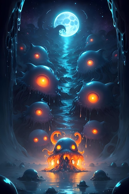 Illustration of an alien slime monster in a dark cave wallpaper illustration background