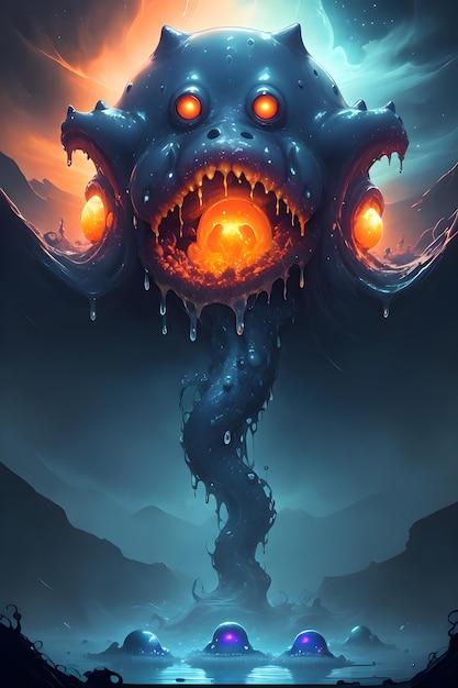 Illustration of an alien slime monster in a dark cave wallpaper illustration background