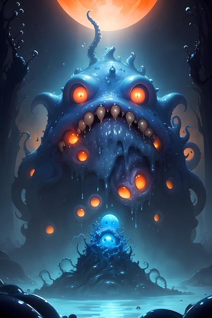 Illustration of an alien slime monster in a dark cave wallpaper illustration background