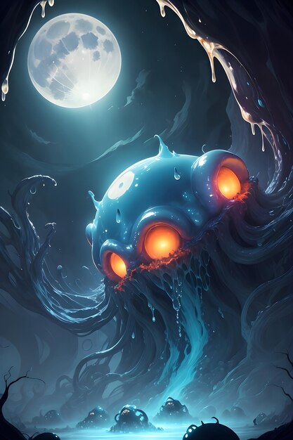 Illustration of an alien slime monster in a dark cave wallpaper illustration background