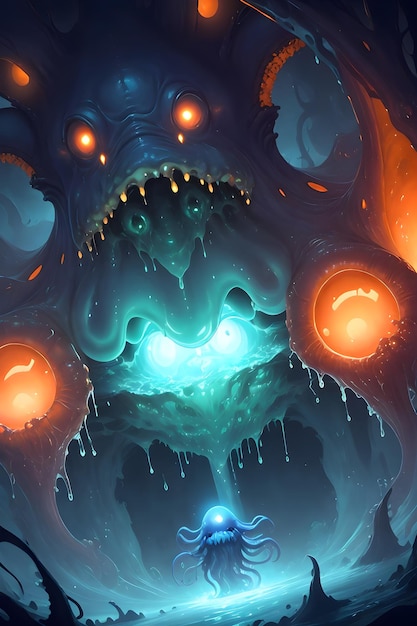 Illustration of an alien slime monster in a dark cave wallpaper illustration background