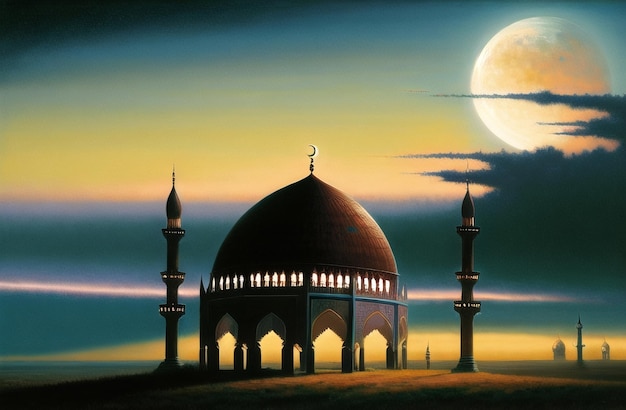 Illustration of amazing architecture design of muslim mosque at night time with full moon ramadan kareem Islamic Festival Holy month concept Eid Generative AI