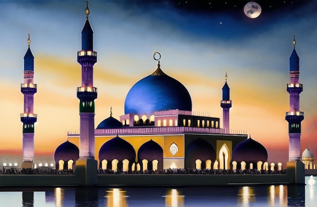 Illustration of amazing architecture design of muslim mosque at night time with full moon ramadan kareem Islamic Festival Holy month concept Eid Generative AI