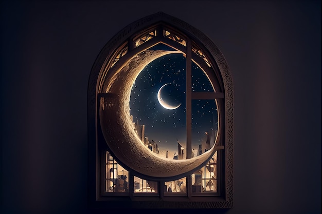 Illustration of amazing architecture window with night and crescent view