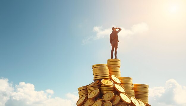 Photo illustration of ambitious rich man on top tower of golden coins observing the future with