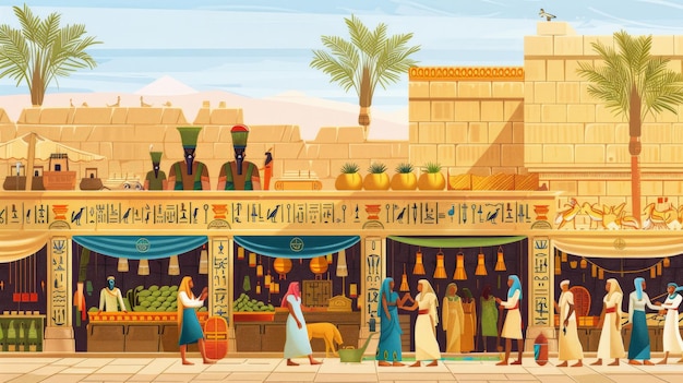 Illustration of ancient Egyptian marketplace bustling with traders and hieroglyphs