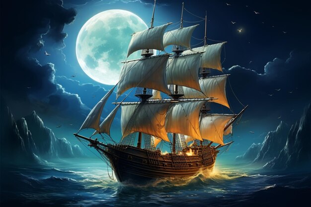 Illustration of an ancient ship sailing beneath a full moon