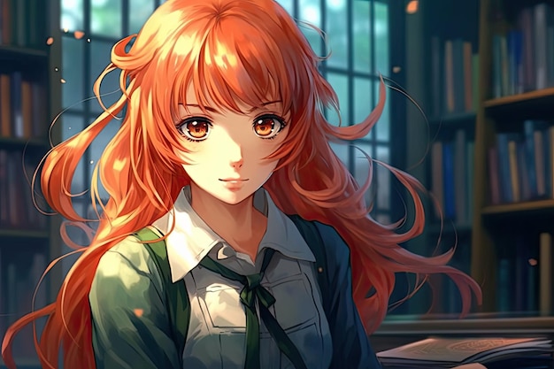 Illustration of an anime schoolgirl with red hairs in library generative ai